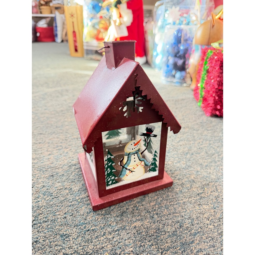Red Metal House Lantern Christmas Decor Snowman Tree Winter Scene Candle Holder